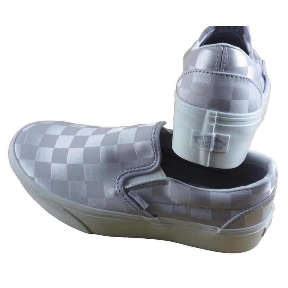 Vans Women's Classic Slip On Stackform Satin Check Lilac Platform Shoes Sizes - Picture 6 of 7